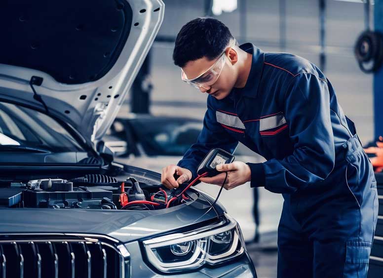 Professional automotive technician diagnosing vehicle engine with diagnostic tools inside repair facility, showcasing expert Auto Body Shop Boca Raton FL services for reliable car repair and maintenance