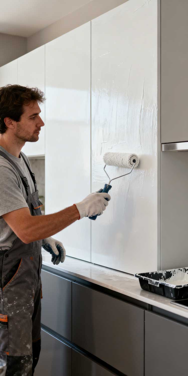 Worker applying moisture resistant cabinet paint with a roller on modern white kitchen cabinets during a cabinet refinishing project