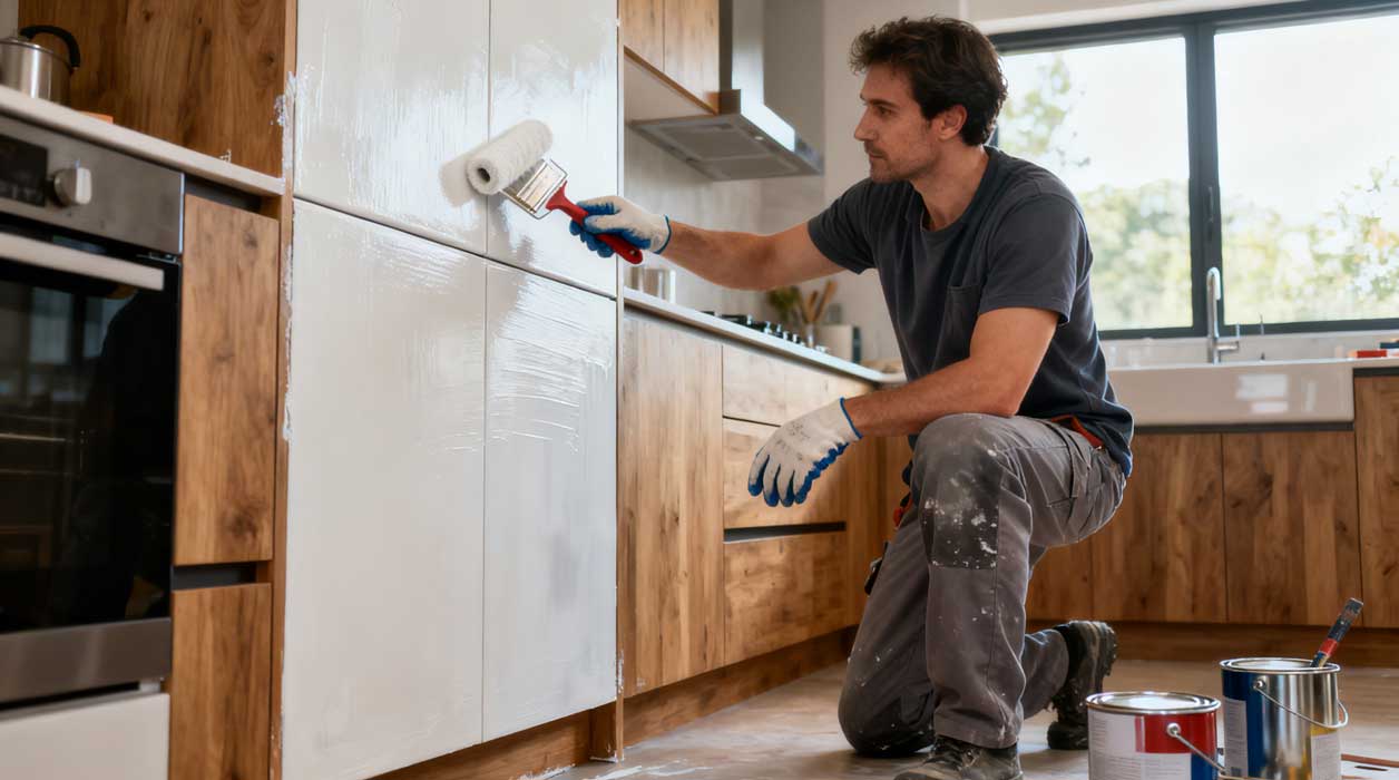 Man applying moisture resistant cabinet paint on kitchen cabinets with a roller while kneeling on the floor during a home renovation project