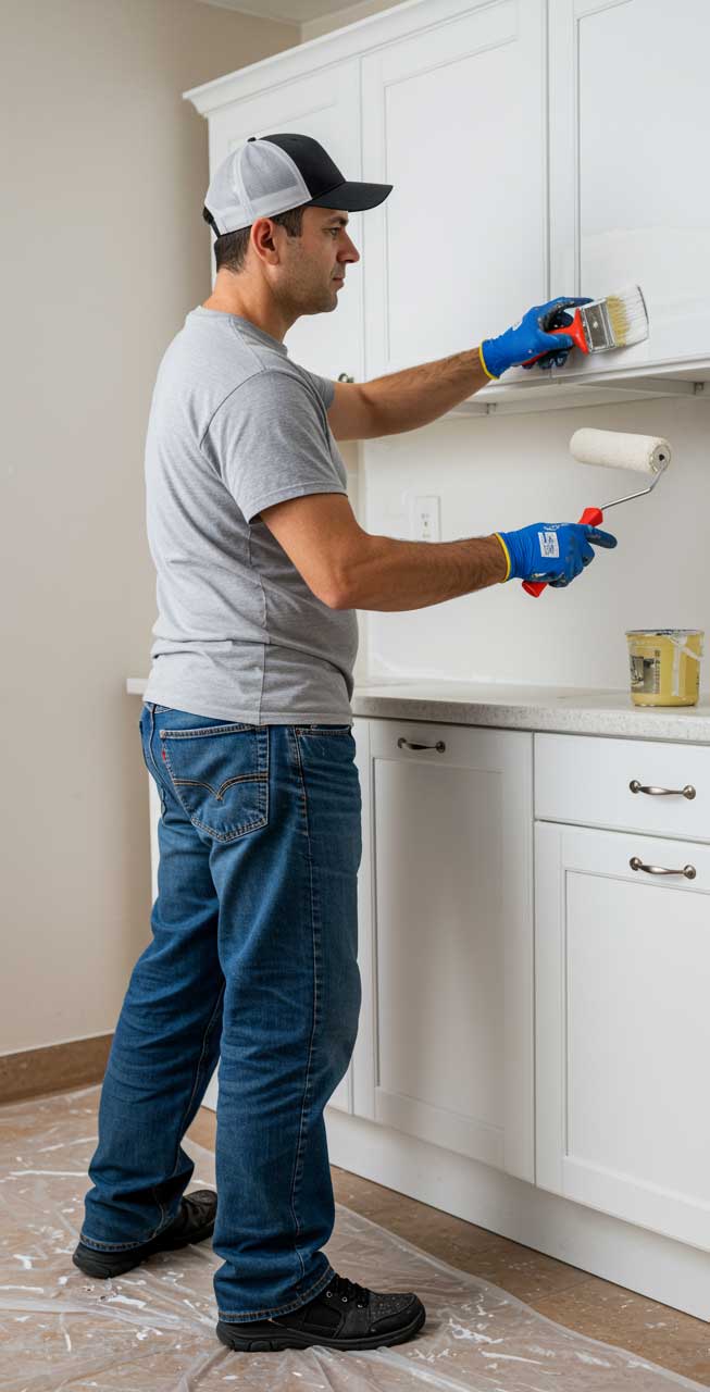 Man applying moisture resistant cabinet paint with a brush and roller on white kitchen cabinets during a home cabinet painting project