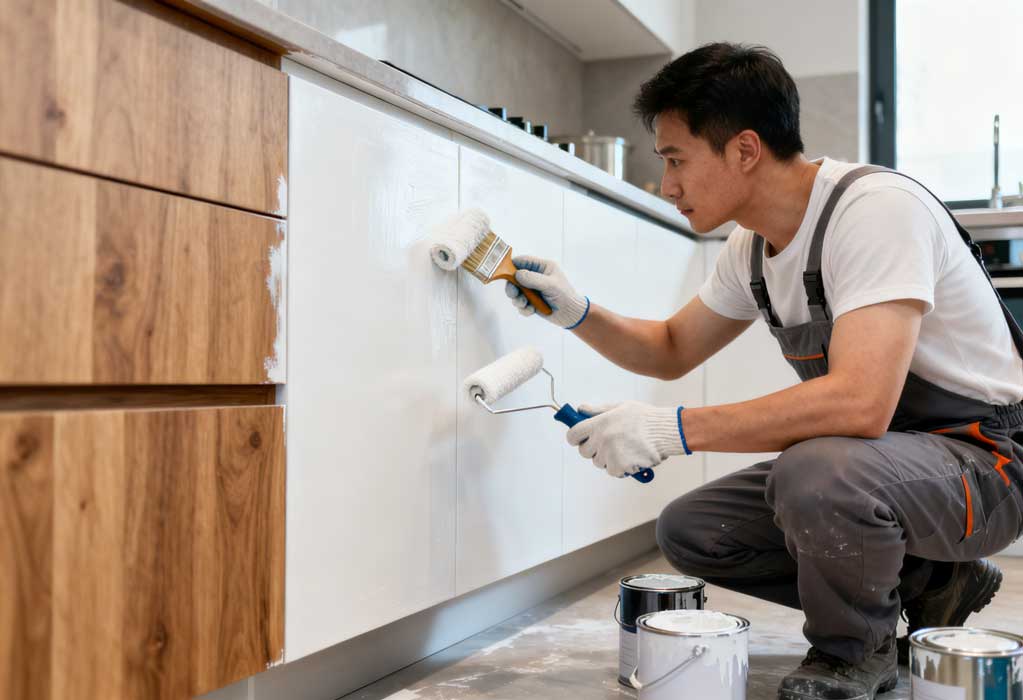 Technician spraying moisture resistant cabinet paint on commercial kitchen cabinets and surfaces while wearing protective gear in an industrial kitchen setting