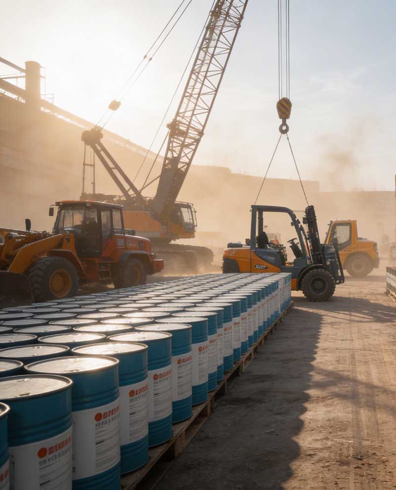 Industrial worker applying protective coating to metal pipelines at an industrial facility using spray equipment, showcasing products from an Industrial Paint Supplier