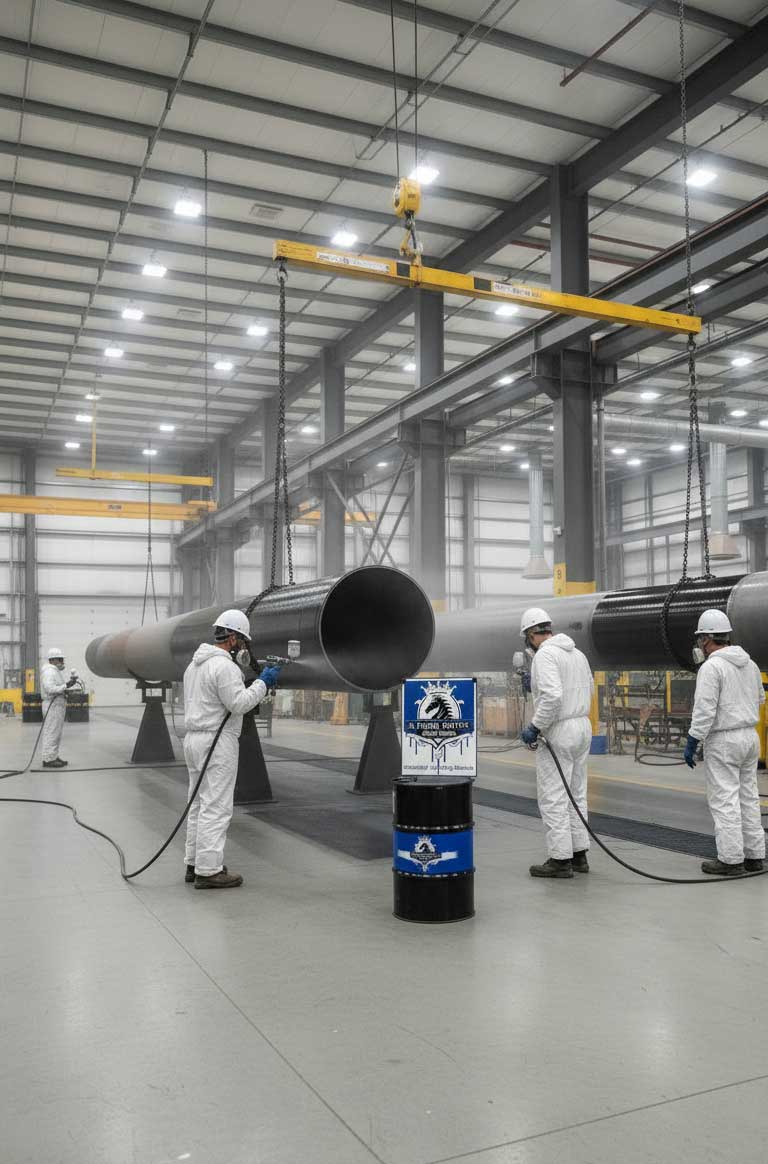 Industrial Coatings Supplier applying protective industrial coatings on large steel pipes inside a manufacturing facility using professional spray equipment.