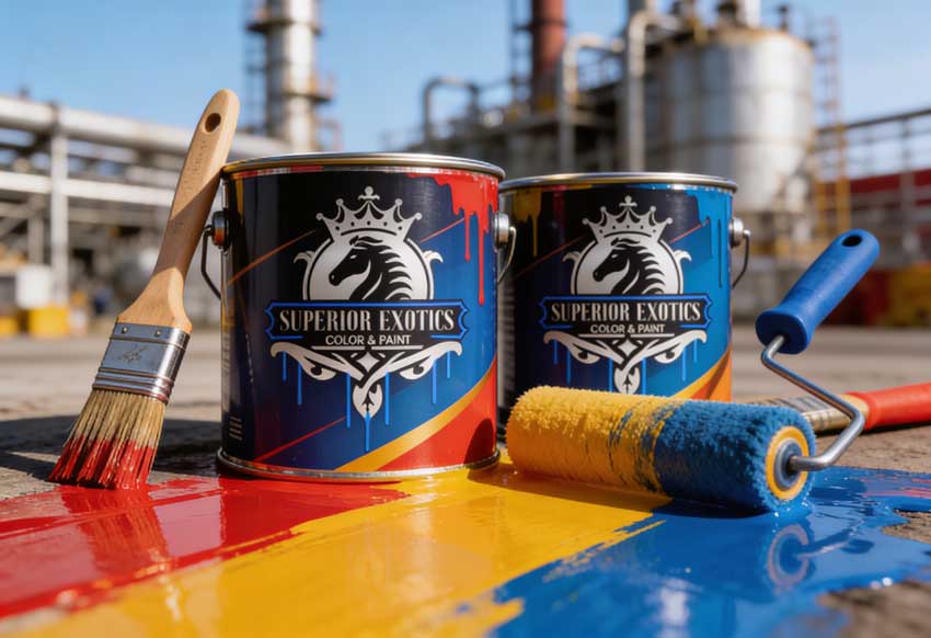 Industrial Coatings Supplier premium color and paint cans with brush and roller applying protective industrial coatings at an industrial plant site.
