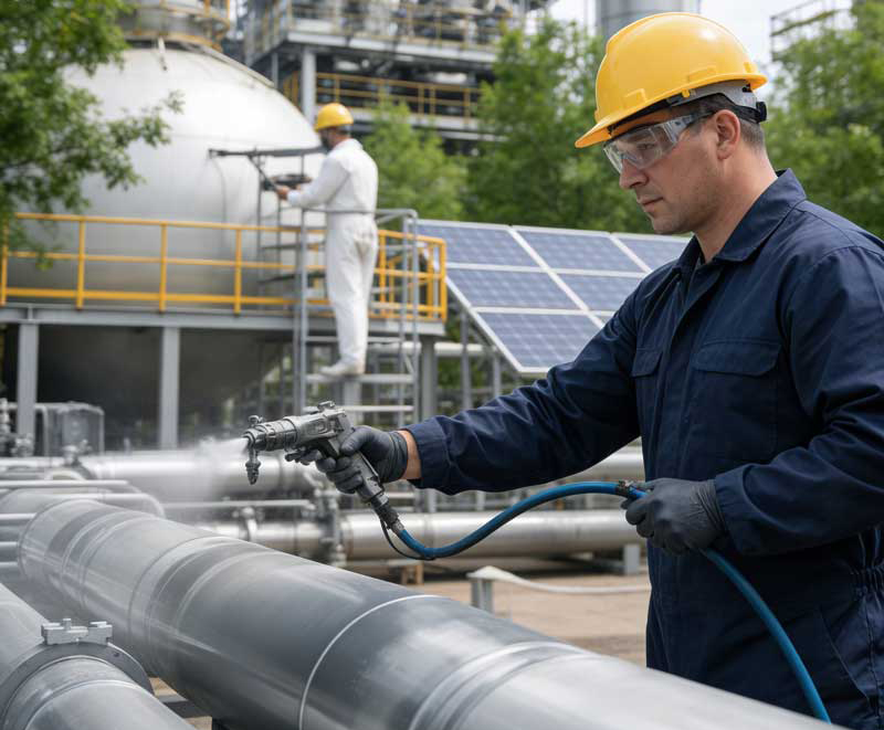 Industrial worker applying protective coating to metal pipelines at an industrial facility using spray equipment, showcasing products from an Industrial Paint Supplier