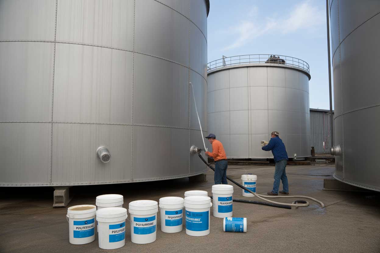 Industrial Sealant Supplier providing high-performance polyurethane and epoxy sealants as technicians apply protective coating on large industrial storage tanks.