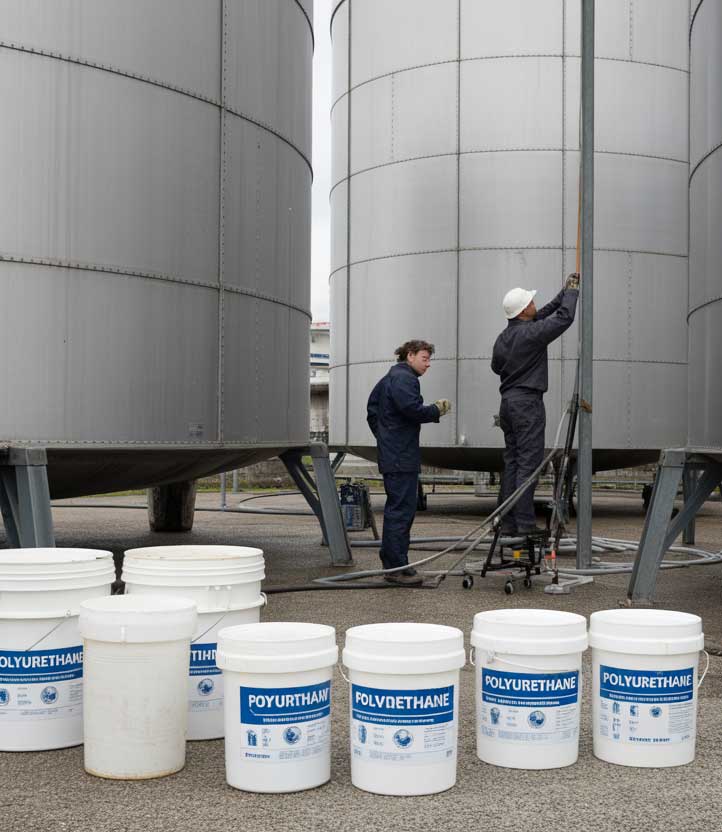 Industrial Sealant Supplier polyurethane sealant products placed near large storage tanks while technicians perform industrial tank sealing and maintenance work.