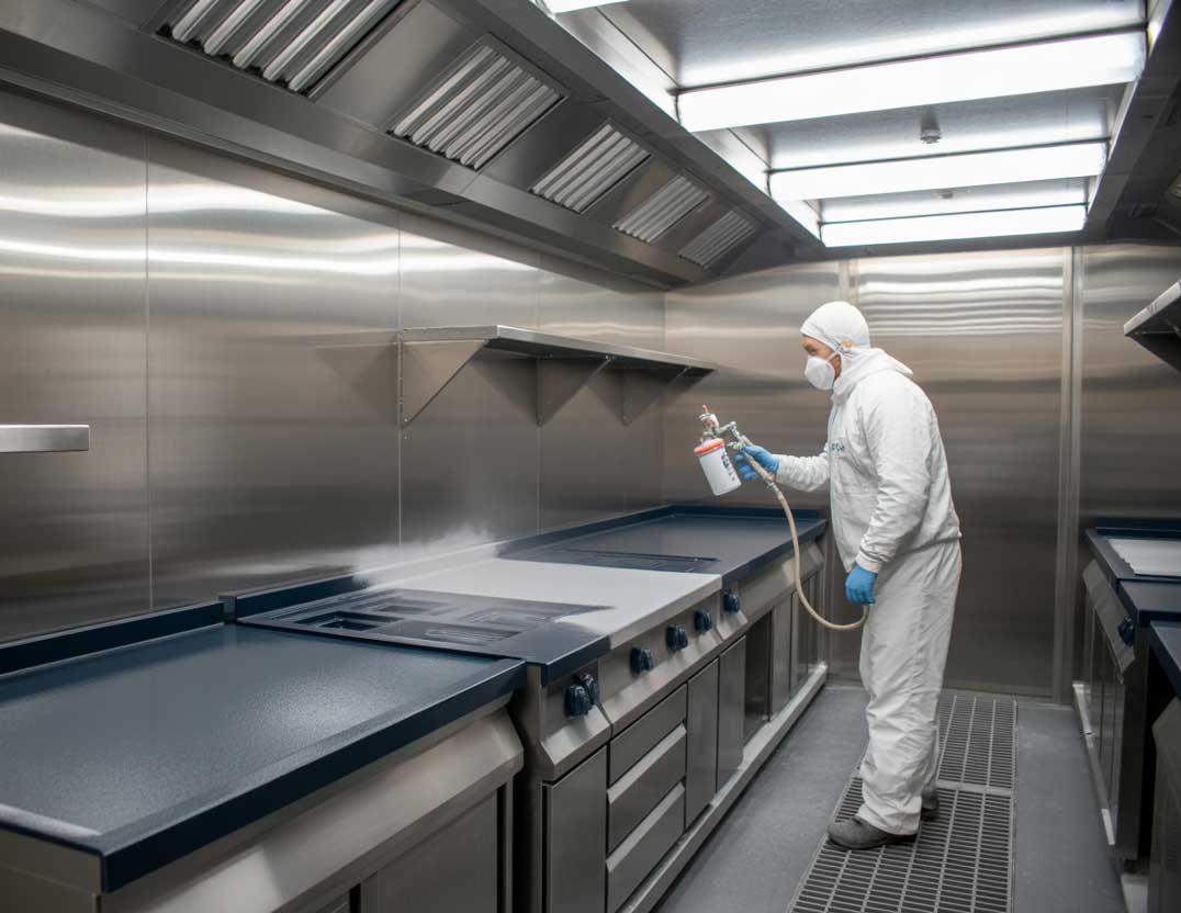 Industrial worker applying protective coating to metal pipelines at an industrial facility using spray equipment, showcasing products from an Industrial Paint Supplier