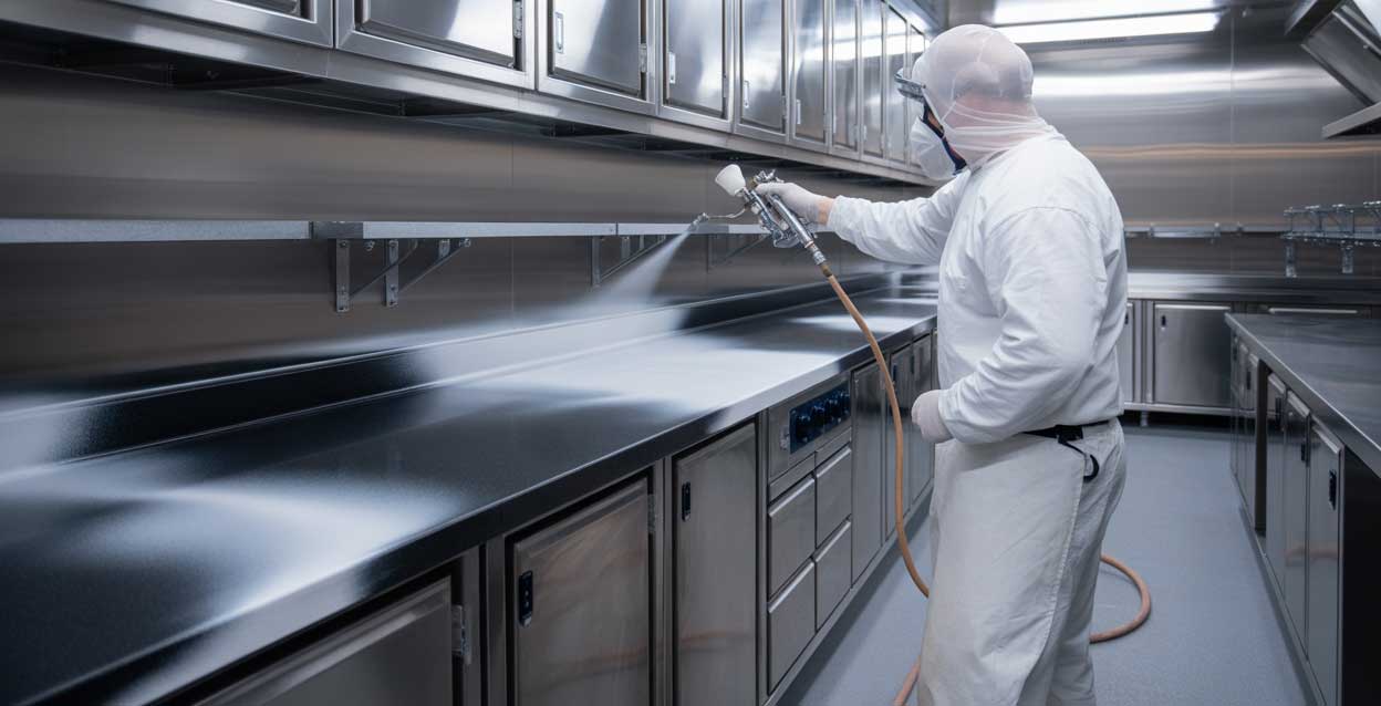 Industrial worker wearing protective gear spray-coating steel pipelines at an industrial site using specialized equipment from an Industrial Paint Supplier