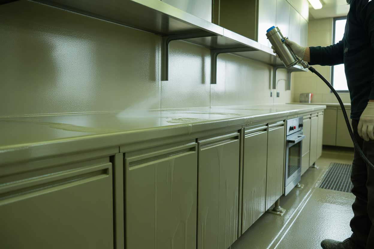 Close-up of a worker using a spray gun to coat metal surfaces with protective industrial paint, showcasing professional application by an Industrial Paint Supplier