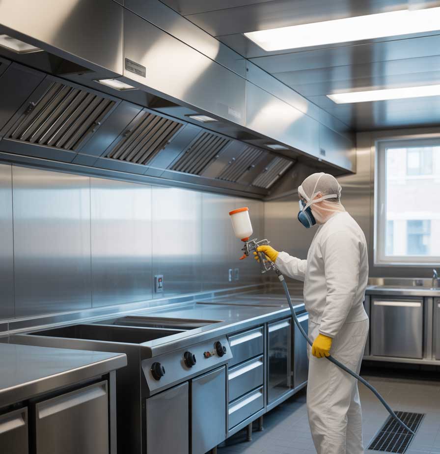Close-up of a worker using a spray gun to coat metal surfaces with protective industrial paint, showcasing professional application by an Industrial Paint Supplier