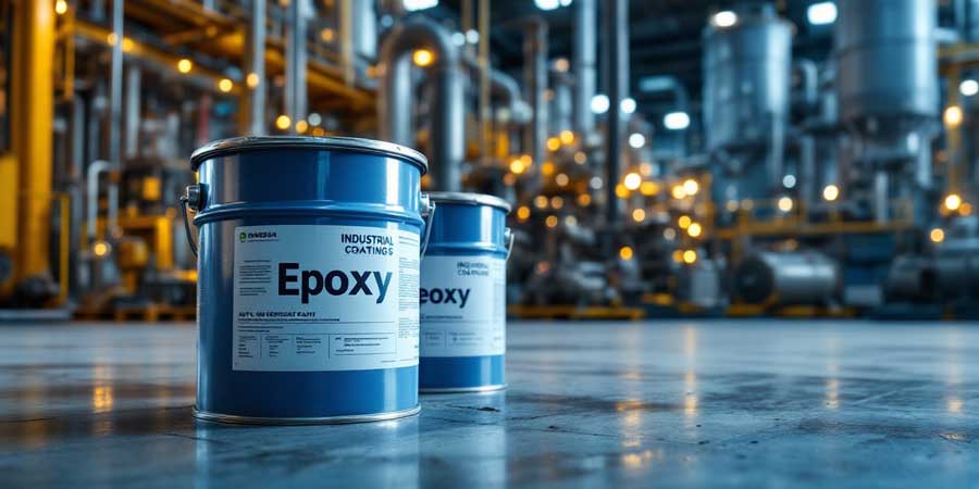 Metal Resurfacing Coatings epoxy industrial coating buckets placed on factory floor inside manufacturing plant for heavy-duty surface protection.