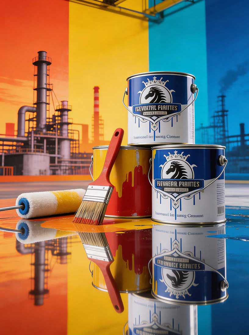 Metal Resurfacing Coatings premium industrial paint cans with brush and roller displayed at refinery site, showcasing durable protective coatings for industrial surfaces.