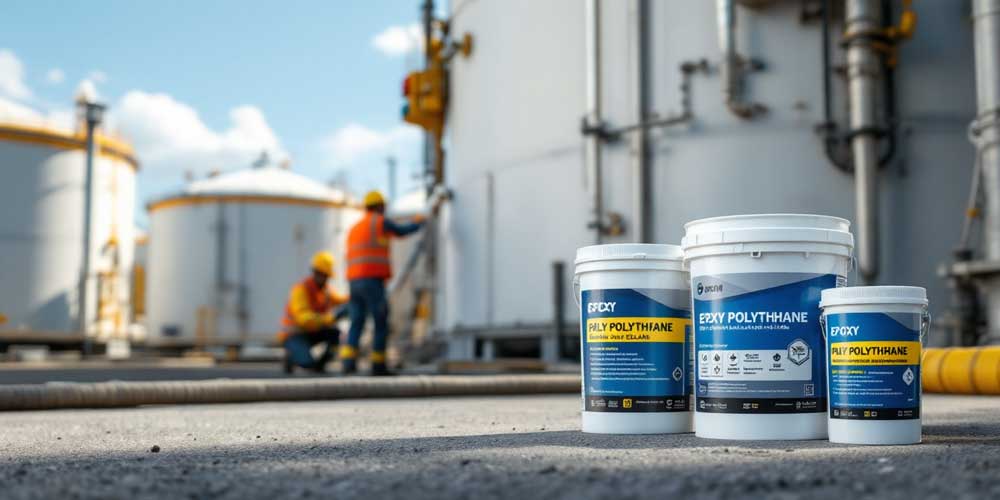 Tank Sealant Supplier epoxy polyurethane tank sealant containers placed at industrial storage facility with technicians performing maintenance on large tanks.