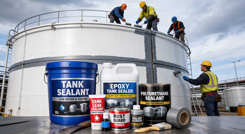 Tank Sealant Supplier offering epoxy tank sealer, polyurethane sealant, rust guard primer, and tank leak repair products with technicians applying protective coating on industrial storage tank.