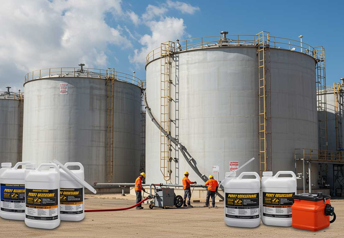 Tank Sealant Supplier providing heavy-duty epoxy and polyurethane tank sealing products with industrial crew maintaining large storage tanks at refinery facility.