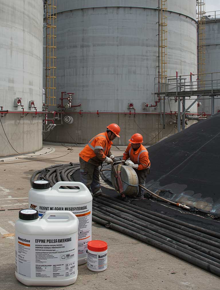 Tank Sealant Supplier heavy-duty epoxy tank sealing application by industrial workers repairing storage tank surface at refinery site.